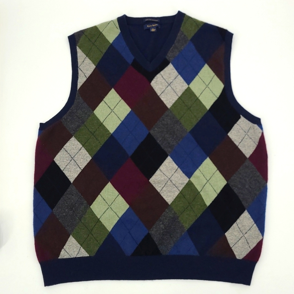 Club Room 100% Fine Cashmere Argyle Sweater Vest Men's Size Large